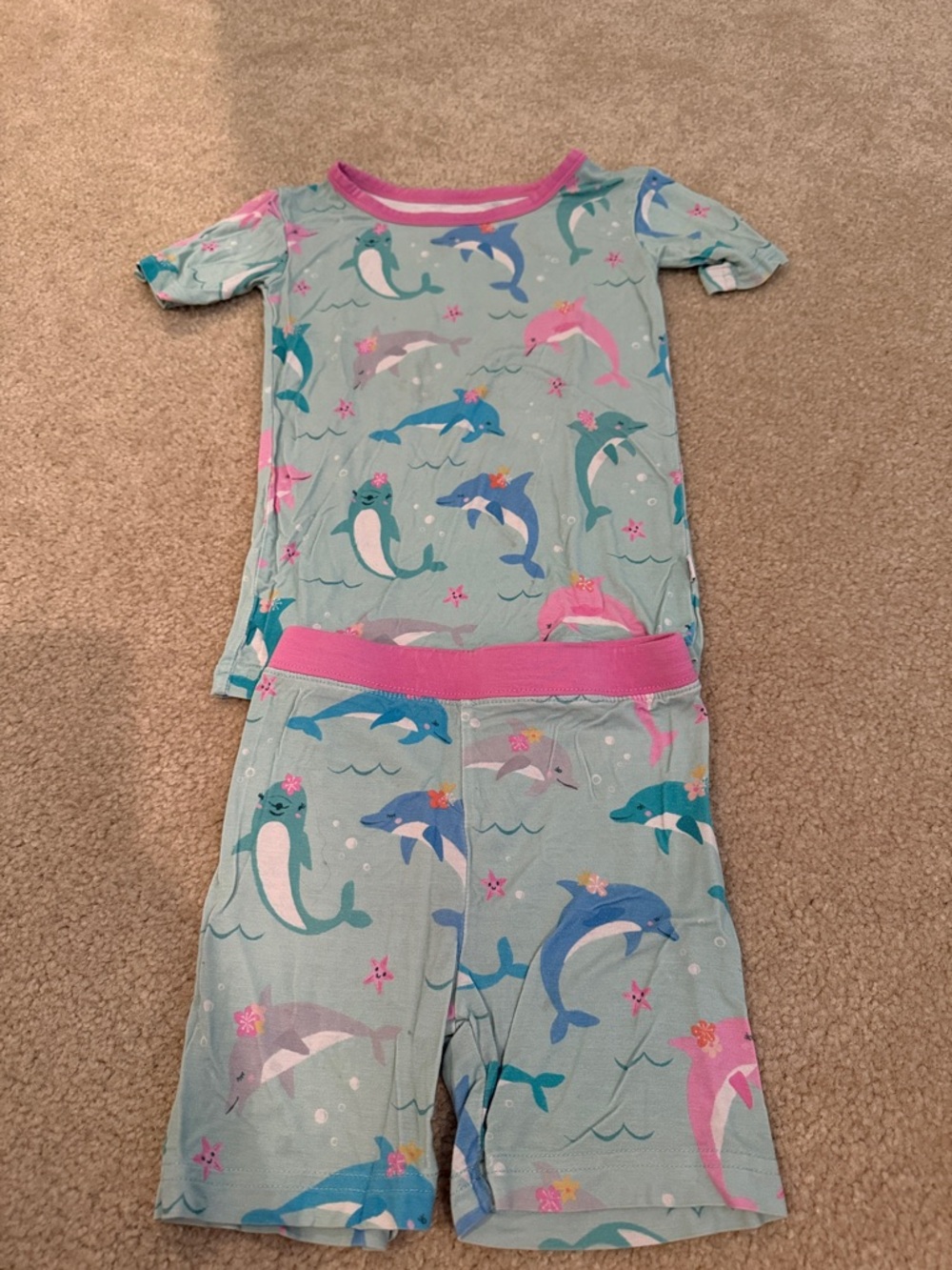Little Sleepies Aqua Dolphin Print Kids Pajama Set with Pink Trim